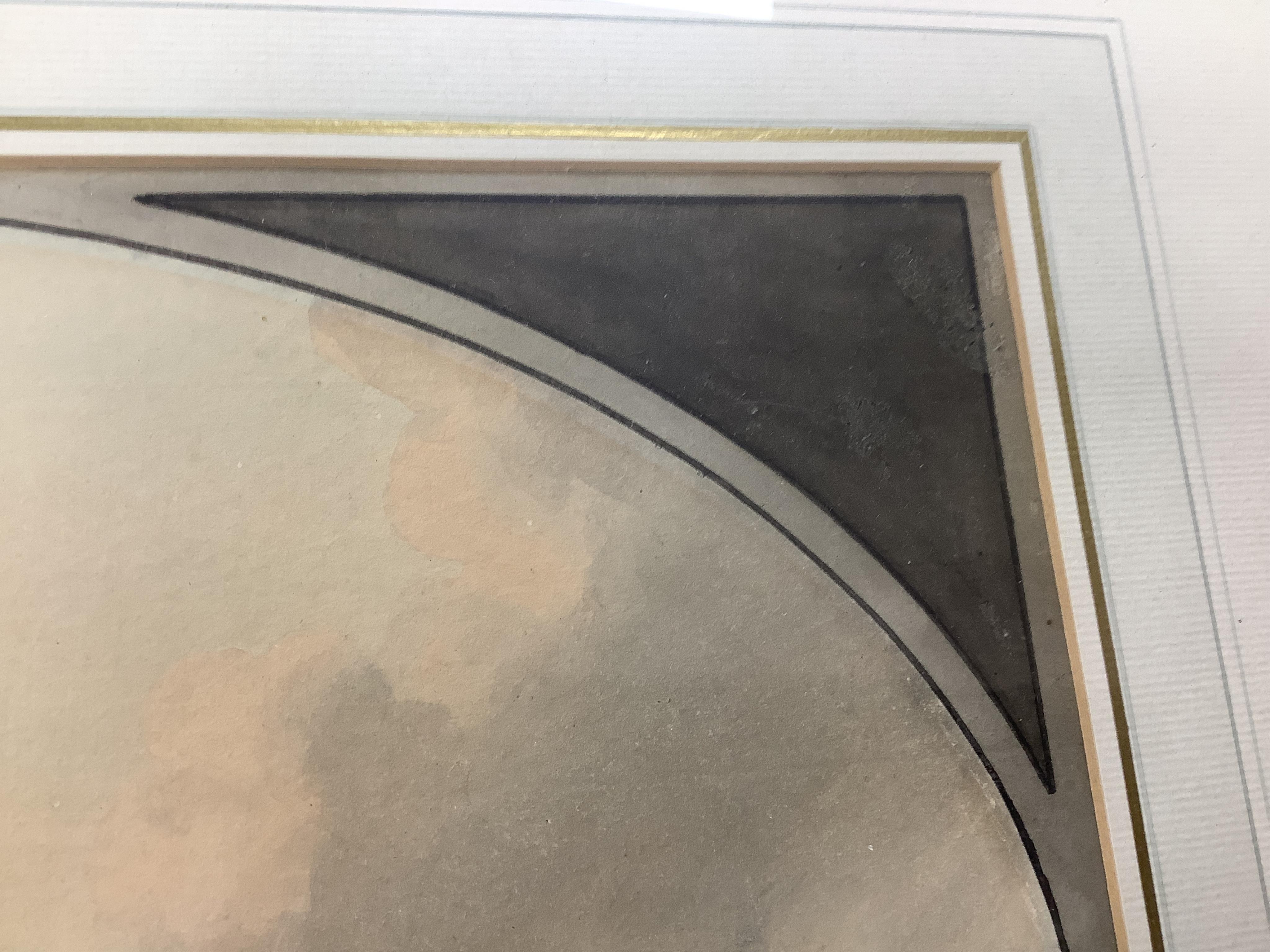 Attributed to Samuel Atkins (fl.1787-1847), Shipping in a choppy sea off a headland, feigned oval, watercolour, 24 x 34cm